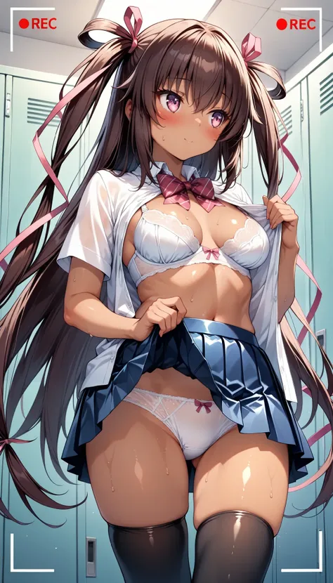 best quality,8k,1girl,(medium breasts),small head,(blush,sweat,happy),mizuki yukikaze, very long hair, hair ribbon, shiny skin, pink ribbon, ribbon, dark skin, dark-skinned female, shiny clothes, two side up, school uniform, white shirt, short sleeves, ple...