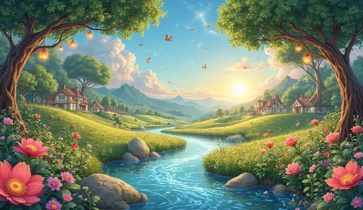 A magical environment inspired by the world of cartoons, stretching across breathtaking landscapes full of life and color. Vast green meadows sway with giant, vibrant flowers, while crystal-clear streams flow between shimmering rocks, reflecting sunlight i...