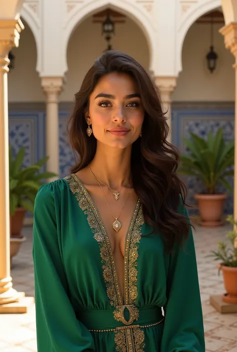 Photorealistic portrait of a beautiful Algerian woman, aged 23-25, with warm olive skin and soft, glowing undertones. Her face has harmonious symmetry: almond-shaped dark brown eyes with long lashes, a straight nose, and full lips with a natural rose tint....