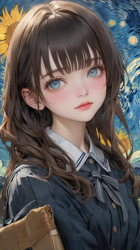   very realistic 、High quality texture、high resolution、top quality、 details、High school girl drawn by Van Gogh、