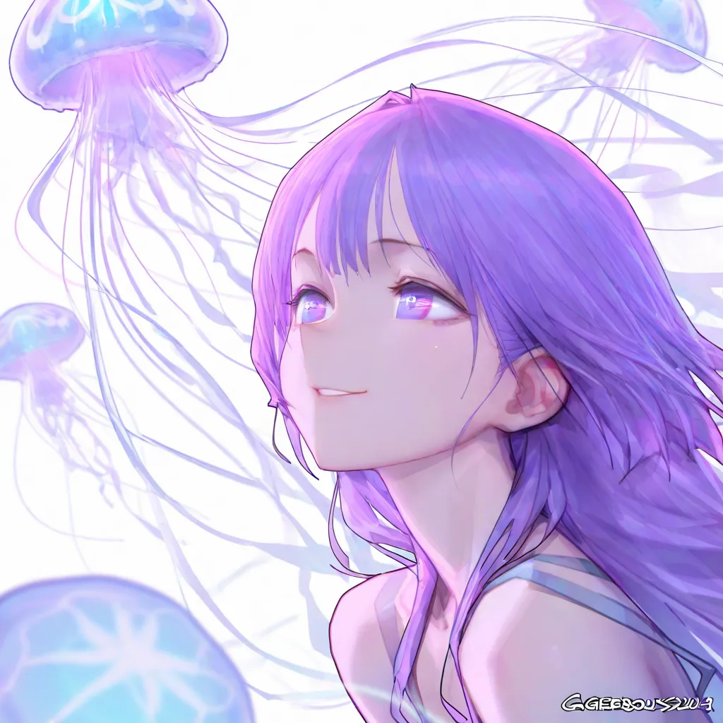 1 girl, gorgeous female, good face, the eyes were purple, purple hair, had a long haircut like Jellyfish, smiled,and white background.  