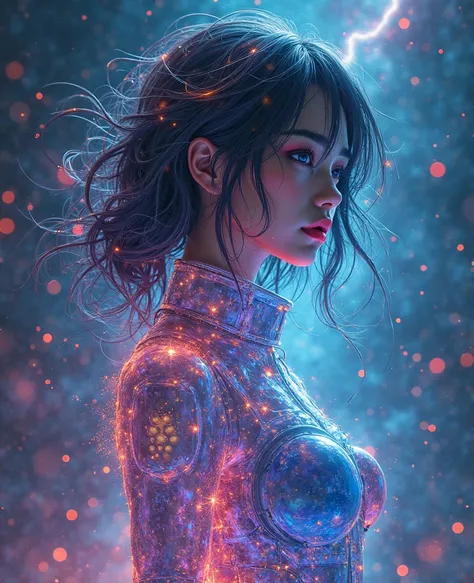  masterpiece, Astronaut Goddess Liquid Metallic Clear Glass Scamelt , shrouded in shadows, Vivid Abyssal Colors, Totally, whole body, electric energy radiation, Shoulder-length Messy Hair, whole body, Beautiful Anime Style Waifu Girl, highly detailed paint...