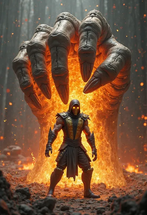 A giant skeleton hand emerging from the earth, its aged and cracked bones, radiating an intense red energy that envelops his fingers like burning flames. The hand firmly holds Scorpion,  of Mortal Kombat , which is in its classic combat pose, your eyes glo...