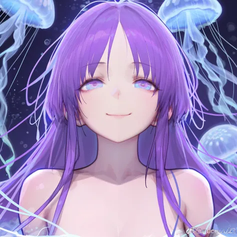 1 girl, gorgeous female, good face, the eyes were purple, purple hair, had a long haircut like Jellyfish, smiled,and white background.