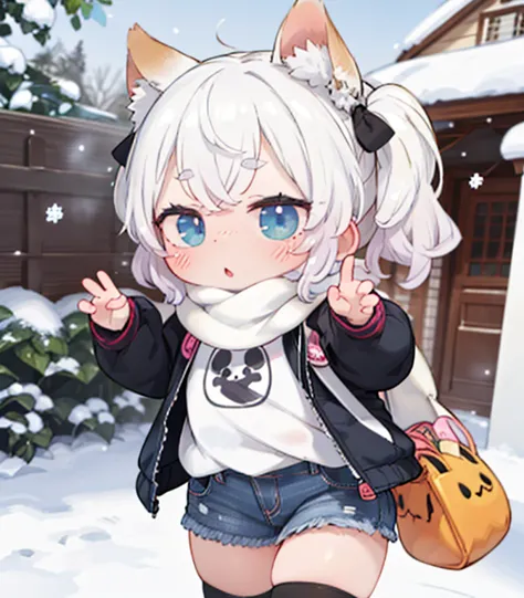    masterpiece , ，    cute doodle    ，    funny, Excellent, S，Short length，    curly hair  ，   twin tails，    bright ，    curious eyes    ，    freckles，   thick eyebrows，    warm scarf    ，    down jacket   ，長袖のShort white T-Shirt， tights，    Very Short De...