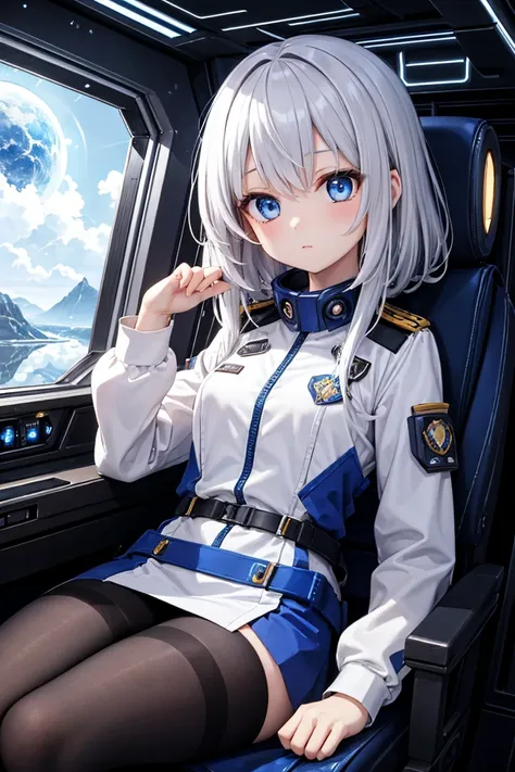 「An anime-style girl sits in the cockpit of a spaceship。she has silver hair and blue eyes、wearing a futuristic uniform。Stars in the background々Spreading、I can see an unknown planet in the distance。The reflection of light is reflected in the window、her eyes...