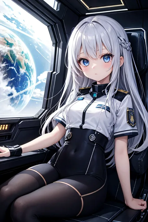 「An anime-style girl sits in the cockpit of a spaceship。she has silver hair and blue eyes、wearing a futuristic uniform。Stars in the background々Spreading、I can see an unknown planet in the distance。The reflection of light is reflected in the window、her eyes...