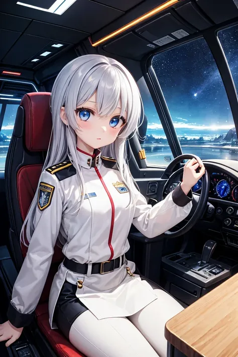 「An anime-style girl sits in the cockpit of a spaceship。she has silver hair and blue eyes、wearing a futuristic uniform。Stars in the background々Spreading、I can see an unknown planet in the distance。The reflection of light is reflected in the window、her eyes...