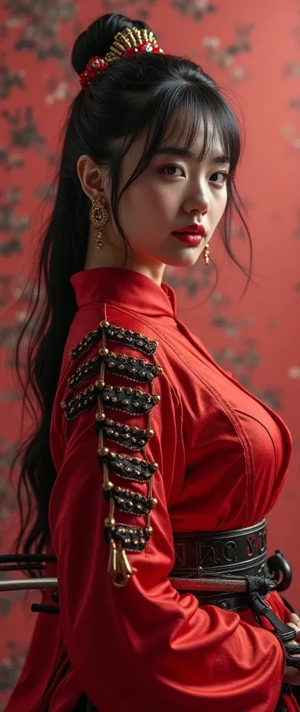 a chic ensemble stylish asian woman in red samurai armours saunting with swagger strife with katana slicing   (best quality,4k,8k,highres,masterpiece:1.2),ultra-detailed,(realistic,photorealistic,photo-realistic:1.37),HDR,UHD,studio lighting,ultra-fine pai...