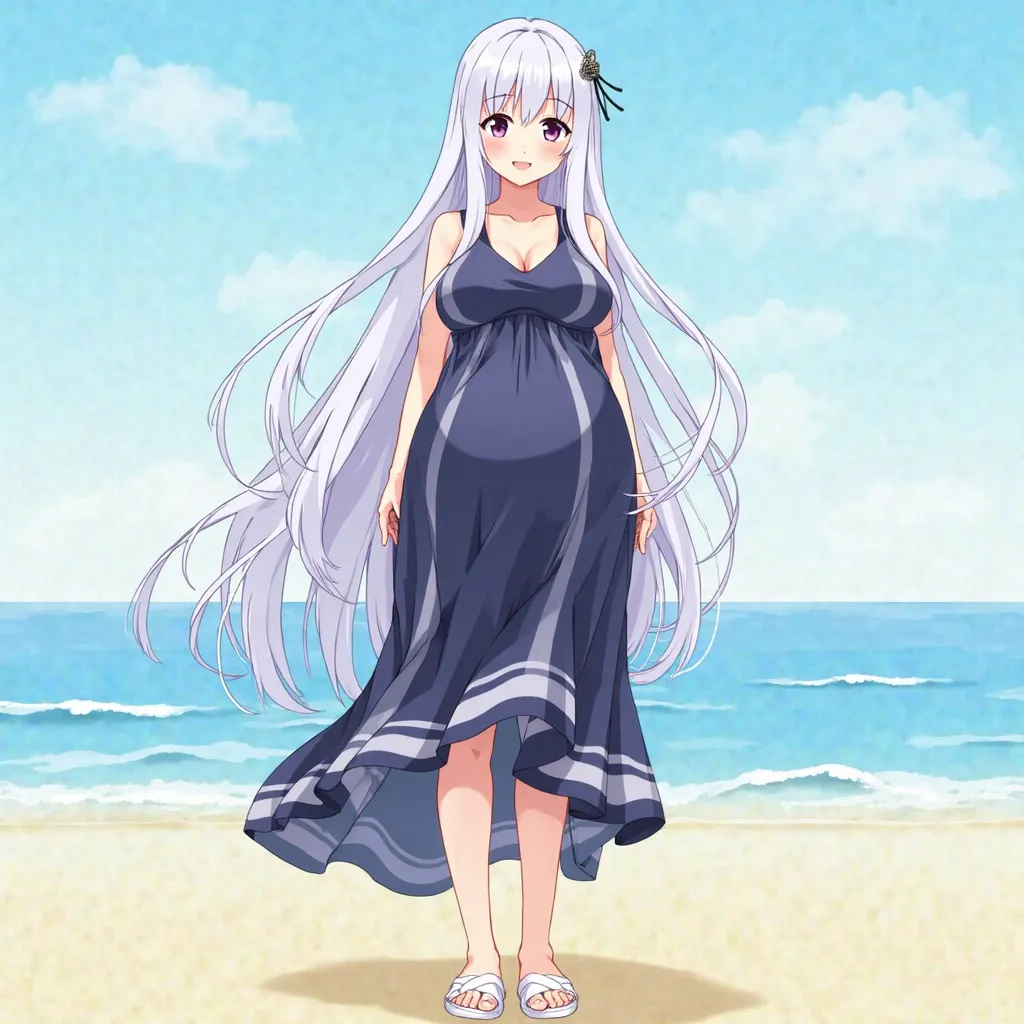 anime girl, long hair, white hair, purple eyes,dark blue summer sundresses dresses white stripes, anime-style,white summer beach slippers, big hyper-pregnant girl, big hyper-pregnant belly, big pregnant belly, smile, He stands tall, big pregnant belly, big...