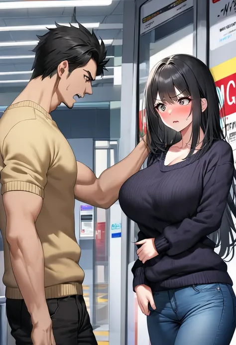 op quality, masterpiece, high resolution, 8k, (1 girl 1 boy ), A man who grabs the arm of a reluctant woman, (cowboy shot), (((１are busty female college students with semi-long black hair))), (((１is a man in a jumper and jeans))),  troubled face, (A woman ...