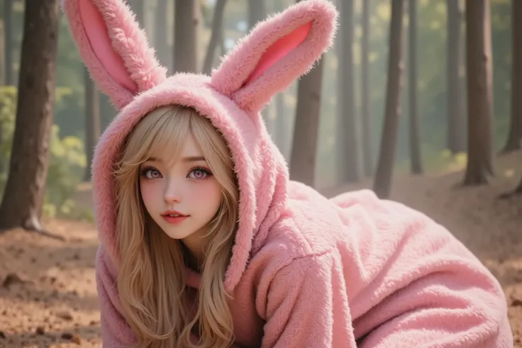 25yo female model in a pink rabbit kigurumi costume with velvet details. She is on all fours looking over her shoulder at her huge. 8k Octane, Looking at the viewer, kneeling in a forest. She has pink hypnotic eyes and blonde hair.  highest quality, ((  ma...