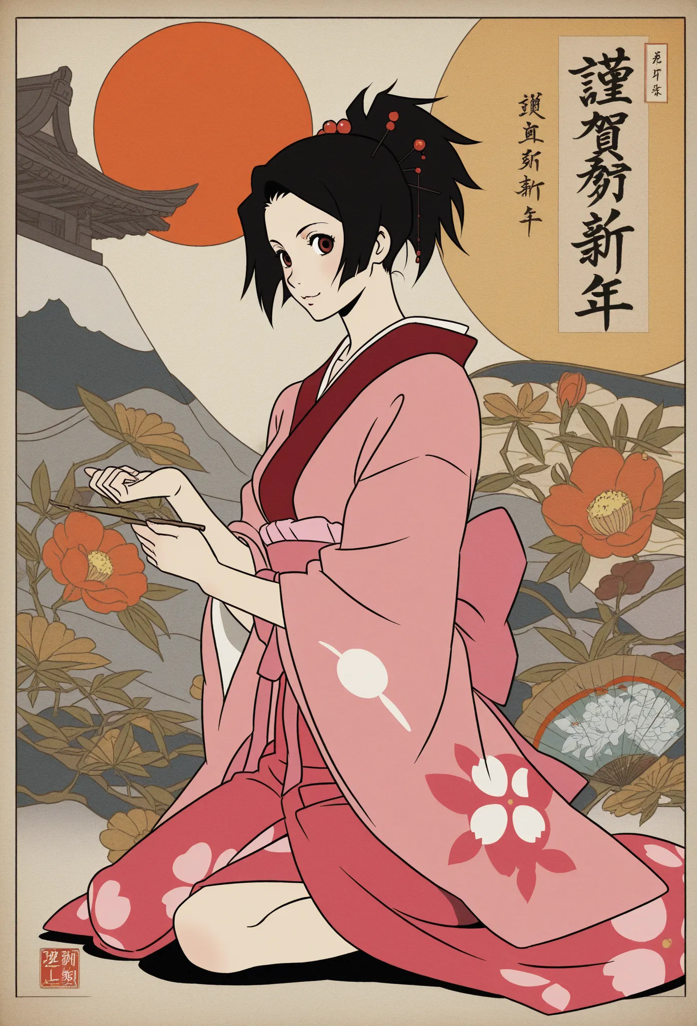 3character,jin \(samurai champloo\),mugen \(samurai champloo\),fuu \(samurai champloo\), blue of summer theme, Ukiyo-e,