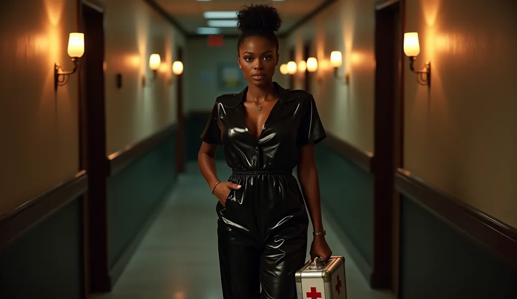 Full-body shot of a dark-skinned woman in a glossy black vinyl nurse's jumpsuit with a deep V-neckline, standing confidently in a dimly lit, candlelit hallway. She holds a medical case with a red cross, her intense gaze captivating the viewer.