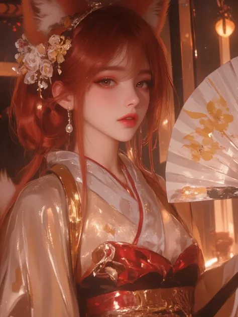 1girl,solo, Close up A beautiful kitsune holding a white fan with yellow flower designs. The kitsune wears a sparkling beige kimono, with red and white details, long sleeves, Japanese head accessories with flowers and pearls. The kistune has an ethereal be...