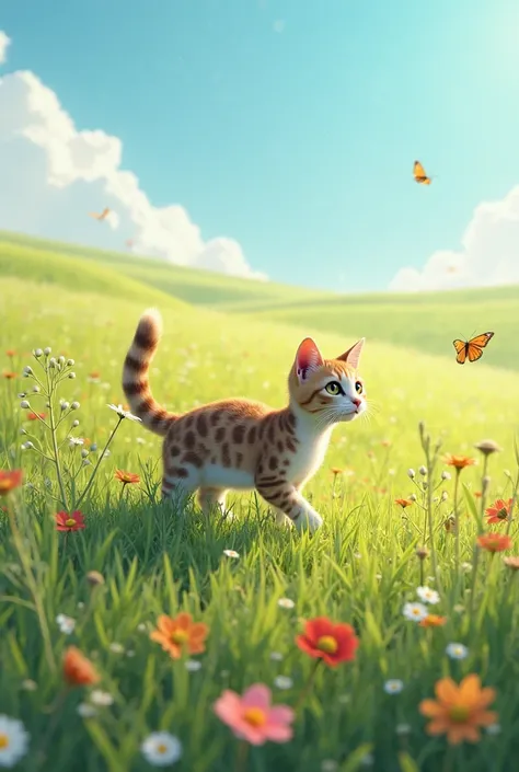 The cat walks in the field