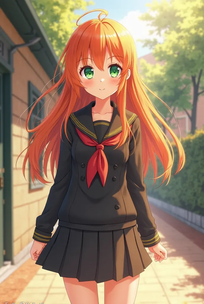 "4K anime style quality, digital drawing mode, a sweet orange-haired schoolgirl with bright emerald eyes, wearing the black and gold outfit, standing in a sunlit courtyard, a gentle breeze blowing through her hair, full body, warm and hopeful stance exudin...