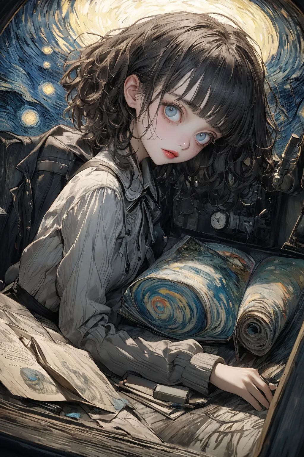    extremely realistic  、High quality texture、high resolution、top quality、 details、High school girl drawn by Van Gogh、 Tim Burton style、