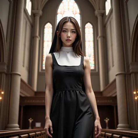 (1 girl, standing, medium breasts, black and white nun dress, in churches), (realistic, photo-realistic:1.2), (best quality, 4k, 8k, highres, masterpiece:1.2), ultra-detailed, HDR, UHD, studio lighting, ultra-fine painting, sharp focus, physically-based re...