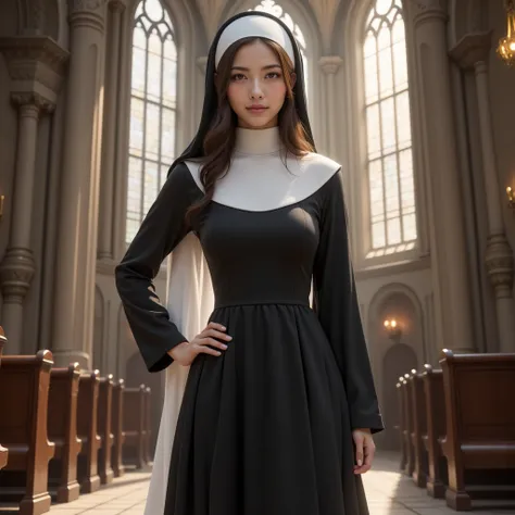 (1 girl, standing, medium breasts, black and white nun dress, in churches), (realistic, photo-realistic:1.2), (best quality, 4k, 8k, highres, masterpiece:1.2), ultra-detailed, HDR, UHD, studio lighting, ultra-fine painting, sharp focus, physically-based re...