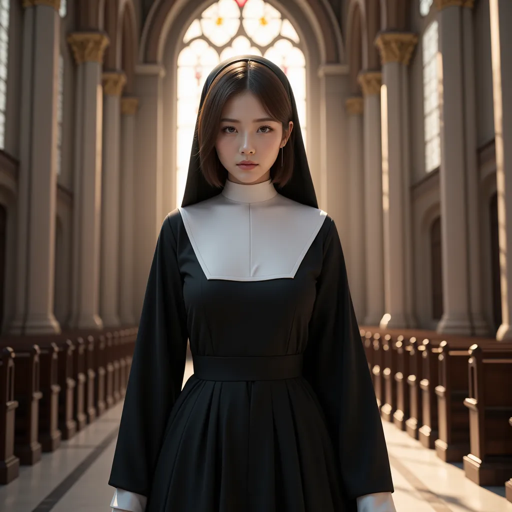 (1 girl, standing, medium breasts, black and white nun dress, in churches), (realistic, photo-realistic:1.2), (best quality, 4k, 8k, highres, masterpiece:1.2), ultra-detailed, HDR, UHD, studio lighting, ultra-fine painting, sharp focus, physically-based re...