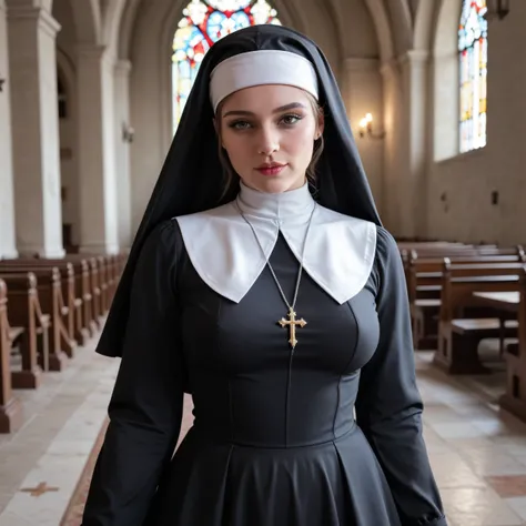 (1 girl, standing, medium breasts, black and white nun dress, in churches), (realistic, photo-realistic:1.2), (best quality, 4k, 8k, highres, masterpiece:1.2), ultra-detailed, HDR, UHD, studio lighting, ultra-fine painting, sharp focus, physically-based re...