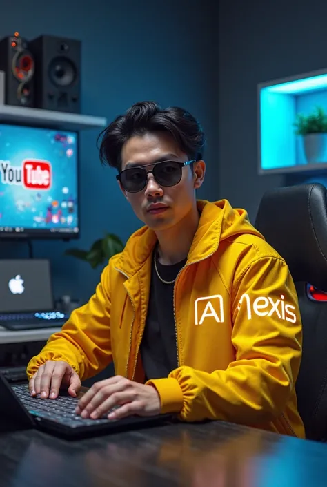 "A futuristic gaming avatar sitting confidently at a sleek, modern gaming desk. His hands rest naturally on the table, creating a powerful yet relaxed posture. He wears a high-quality yellow jacket with a glowing 'AI Nexis' logo on the chest and sleeve. Hi...