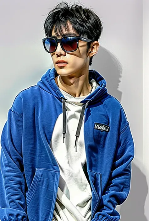 Man, medium hair, white skin, muscle, wearing a blue hoodie and sunglasses