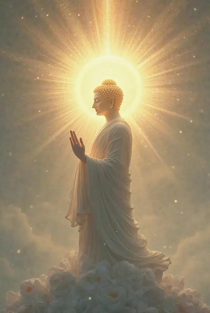 The Buddha has a circle on his head, like the sun, with a ray of rays, performing a pose of meditation. He raises one hand by his side and stands with his hand. 