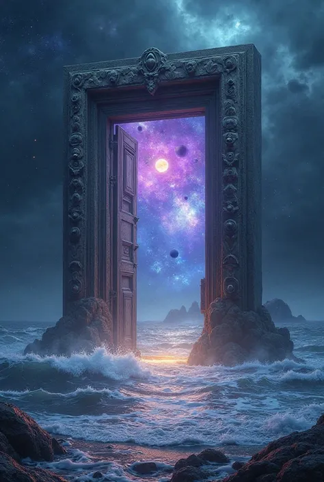 A mysterious ancient stone door standing alone in the middle of the ocean. When opened, it reveals a breathtaking cosmic world filled with floating planets, glowing galaxies, and a purple-blue nebula. The waves crash around the base of the door, and a fain...