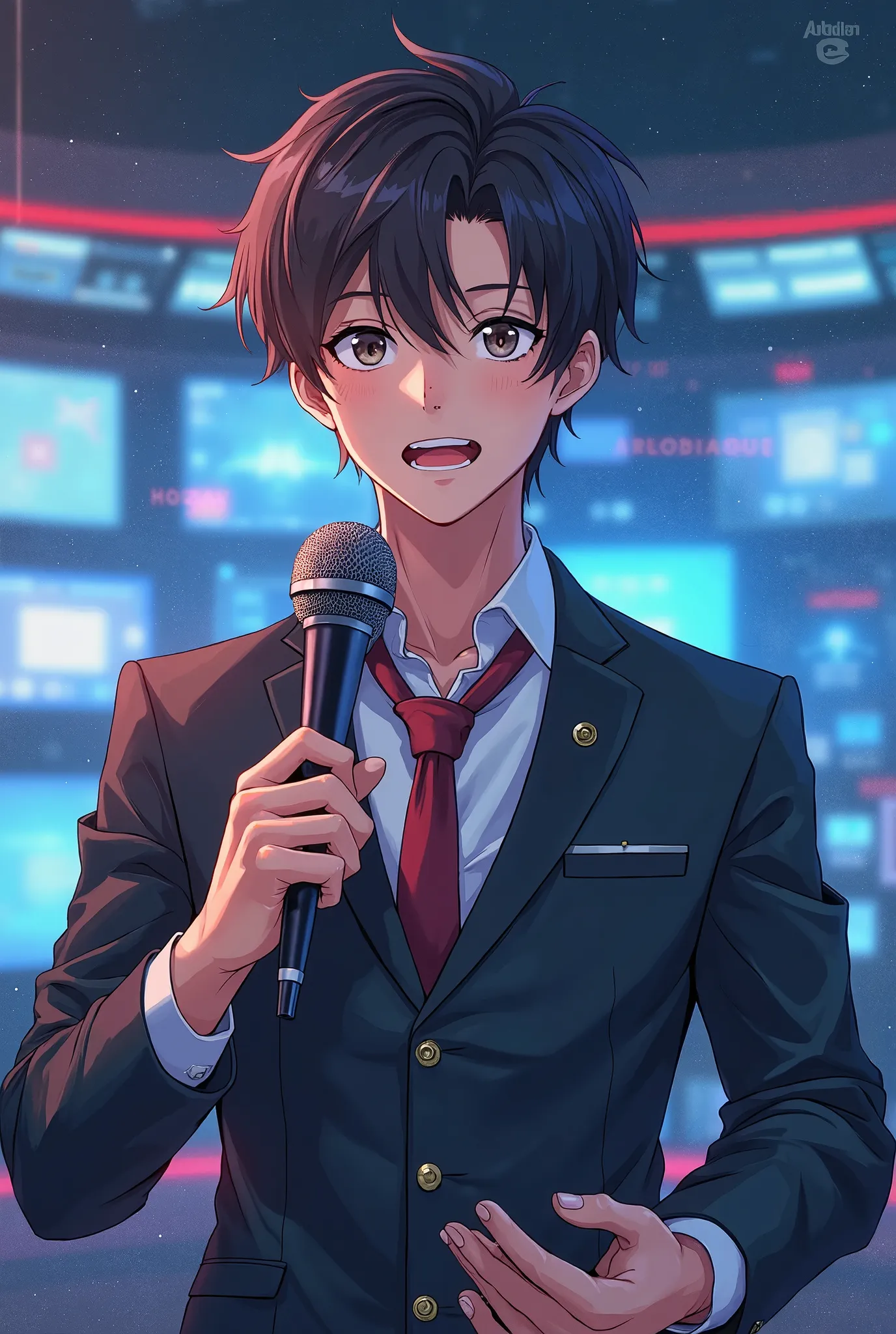 Generation of male broadcasters that report on television , Anime Style,microphone