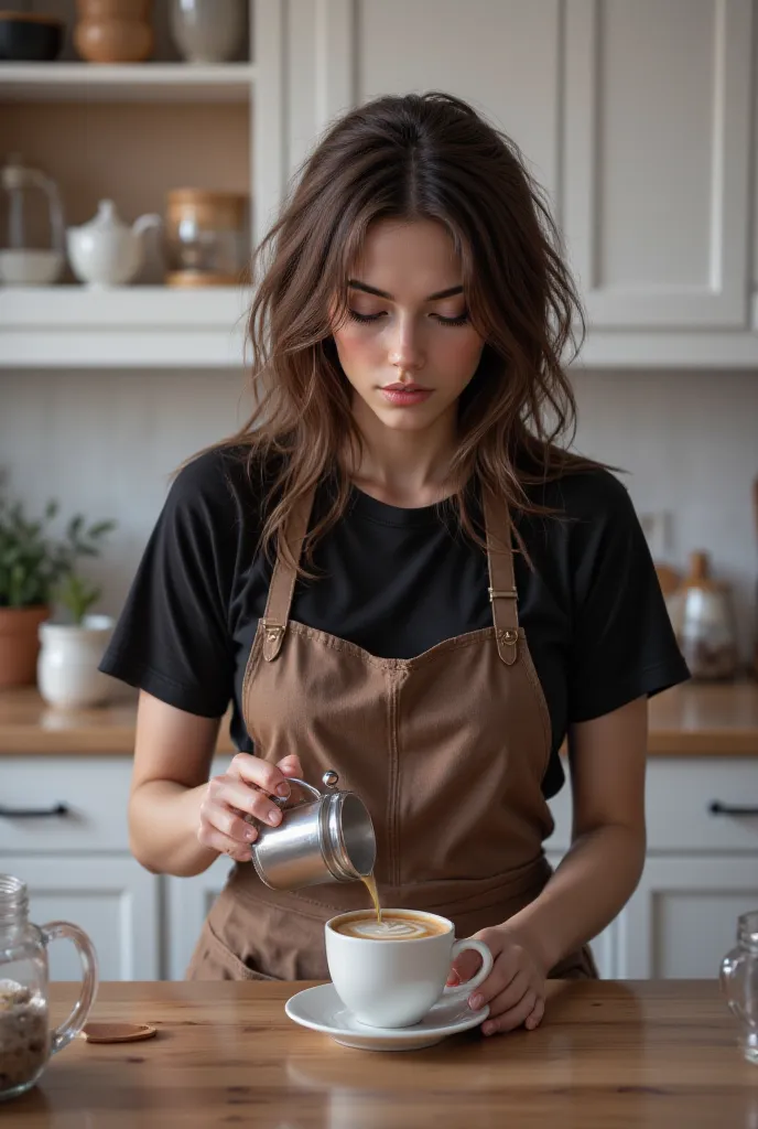 dynamic photo,Show a disheveled young woman ,he is preparing a coffee with half moons , and he wears a black t-shirt and a kitchen apron,the background shown is a very well lit white kitchen,  brown hair 