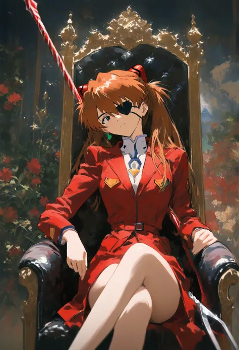 1girl, sorya aska langley , neon genesis  Evangelion ,  sensitive , One, eye patch,  red suit,  sitting on a throne ,  crossed legs ,  head tilt ,  holding a weapon , longinus spear  \( Evangelion \),  cowboy shot,  depth of field,  imitating traditional m...