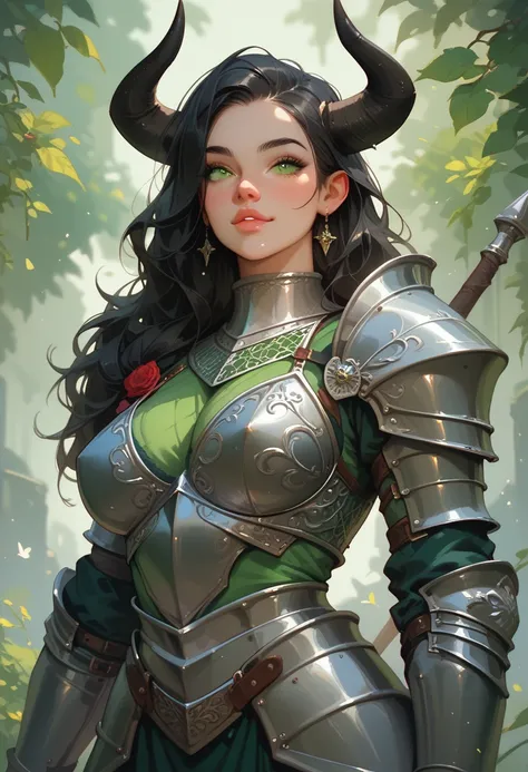 1 girl, Alone, high quality, sexy, knight, metal armour, Tall Minotaur thick girl with green skin and black horns, dark hair, green eyes.