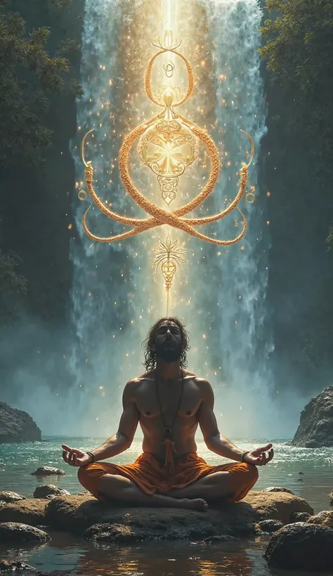 Ascetic performing tapasya near waterfall, divine light rays revealing success symbols, floating rudraksha beads, mystical serpents forming infinity symbol"