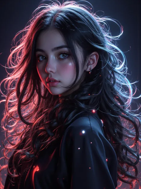 long black hair， Smiling light ， Mystery，Fine hairstyling，Multicolored tangles，Colorful inner hair，red hair，bun，Peeling students，Flimsy glances，Dreamy eyes，Smile，Dim light，Ethereal，Smooth movements，Bright，Spectrum，whimsical style，8k resolution， best qualit...