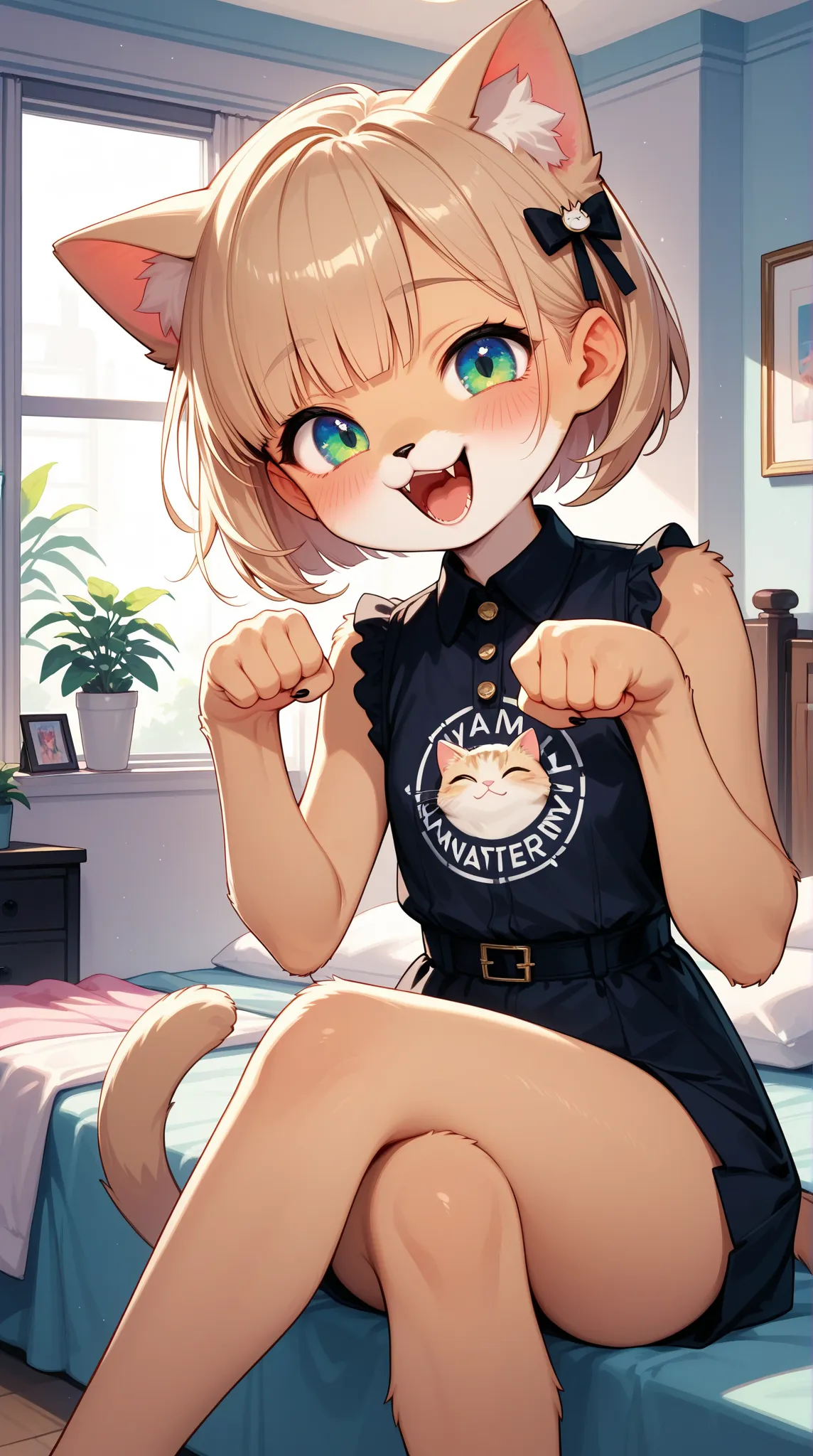 1 cute Girl ,cute fur ,furry, cat face\sham cat, cat girl, (Alluring, blush, tooth, bob cut\black), Extremely cute, (cross legs,  cute pose, 🐈 costume ), bedroom, Background, Yawn:1.3, (TOP QUALITY:1.2, very detailed, High Detailed CG Illustration,  Soft F...