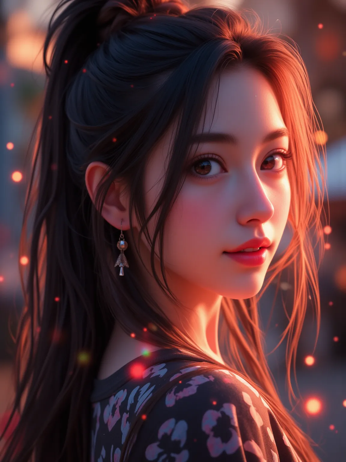 long black hair， Smiling light ， Mystery，Fine hairstyling，Multicolored tangles，Colorful inner hair，red hair，bun，Peeling students，Flimsy glances，Dreamy eyes，Smile，Dim light，Ethereal，Smooth movements，Bright，Spectrum，whimsical style，8k resolution， best qualit...