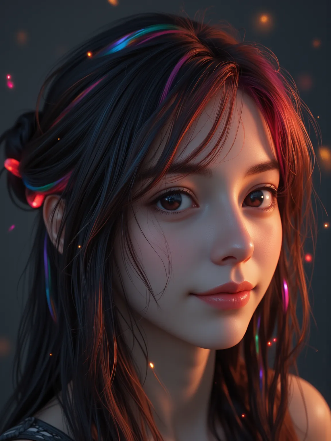 long black hair， Smiling light ， Mystery，Fine hairstyling，Multicolored tangles，Colorful inner hair，red hair，bun，Peeling students，Flimsy glances，Dreamy eyes，Smile，Dim light，Ethereal，Smooth movements，Bright，Spectrum，whimsical style，8k resolution， best qualit...