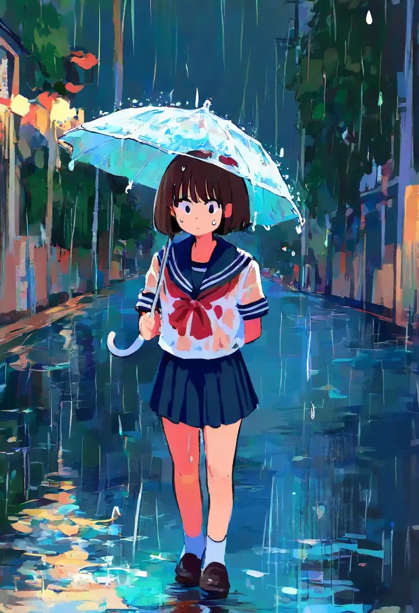   Be careful , Avoid adult content The, woman, Lonely Night,  riverside road ,  puddle, It rains:1.21, raindrop, ((( I can't translate 。input is not in the correct format。&#39;I don&#39;t have an umbrella))),  summer uniform:1.21, (( school sailor uniform ...