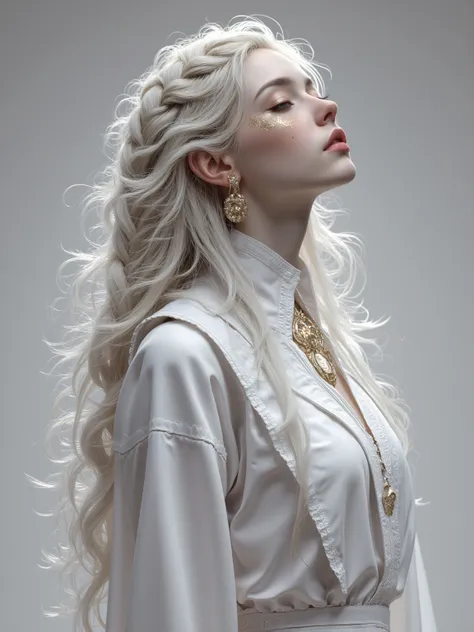 A Beautiful Portrait，White Hair and Golden Eyes， wearing white clothes，Look Up，Full Body Pendant，Braided hair，White Suede Skin，side，Thin Long Hair