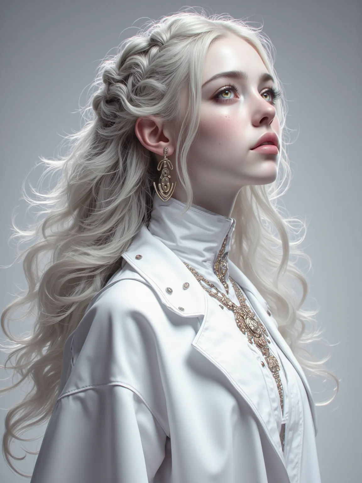 A Beautiful Portrait，White Hair and Golden Eyes， wearing white clothes，Look Up，Full Body Pendant，Braided hair，White Suede Skin，side，Thin Long Hair