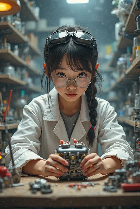 Curious young woman with goggles and a lab coat, working on a complex invention in a cluttered laboratory, photorealistic and dynamic, realistic, korean girl.