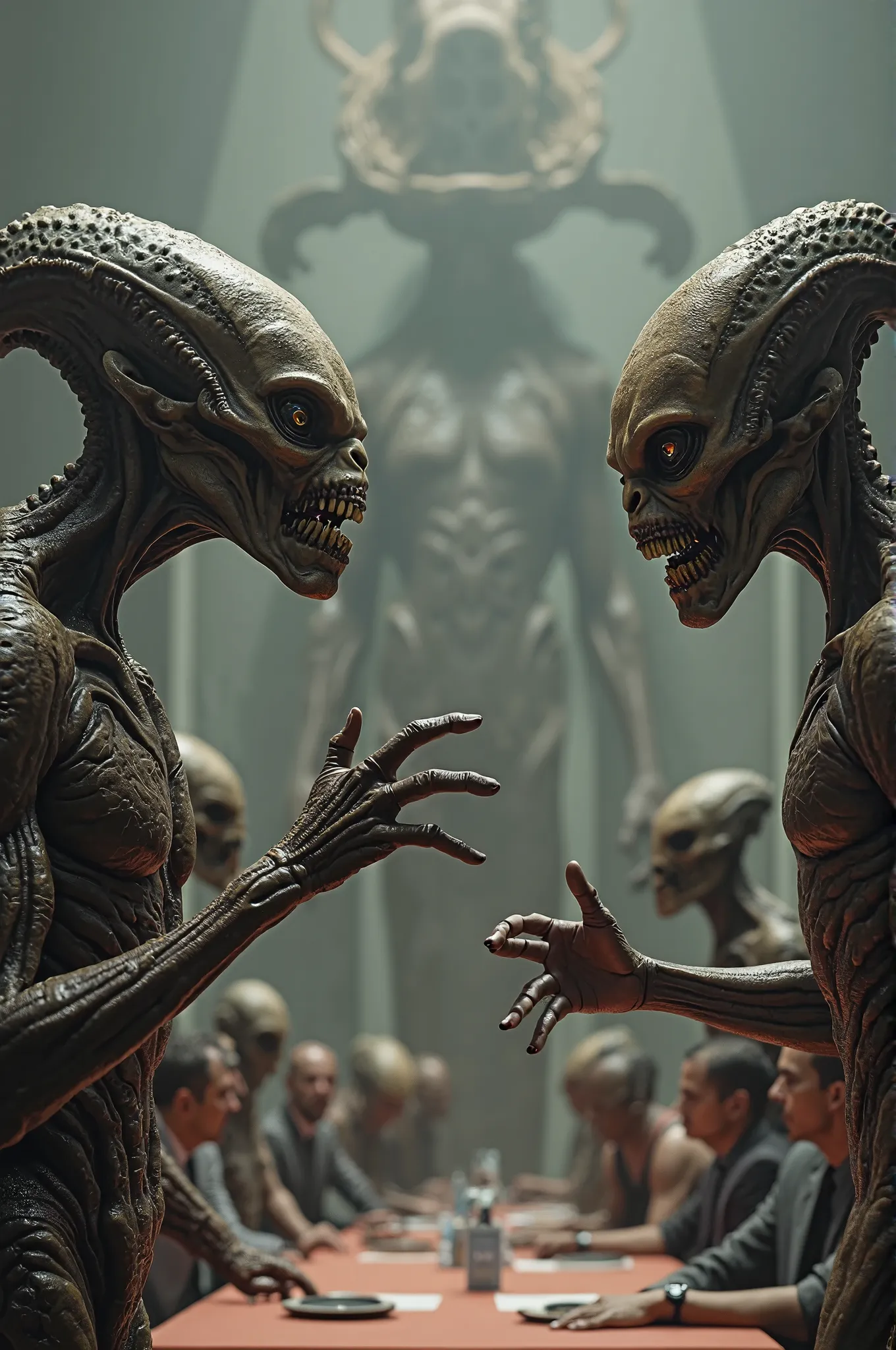 A group of Aliens "There body must be like human but face should be an aliens" talking aggressively with each other and many human council members sitting in the background a