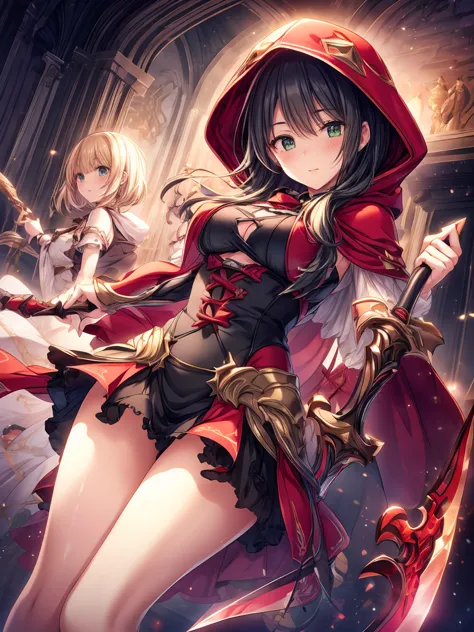 2 girls,very cute.
the 1st girl has a sword in her right hand. She wears a red hood.she has long blonde hair.
the 2nd girl has a big ax in her left hand. She wears a green hood.she has short black hair.masterpiece, anatomically correct, high resolution, 