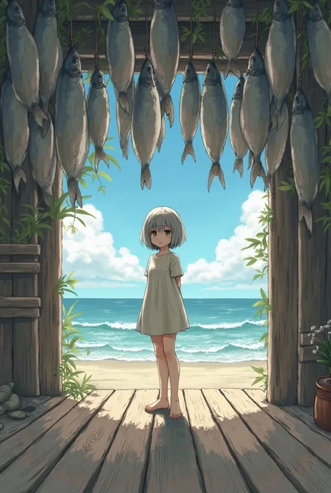 Barefoot girl with short ashy hair in a short dress with a rugged padol. It smells like dry fish. Standing on a wooden floor around the sea. Fish is drying above your head 