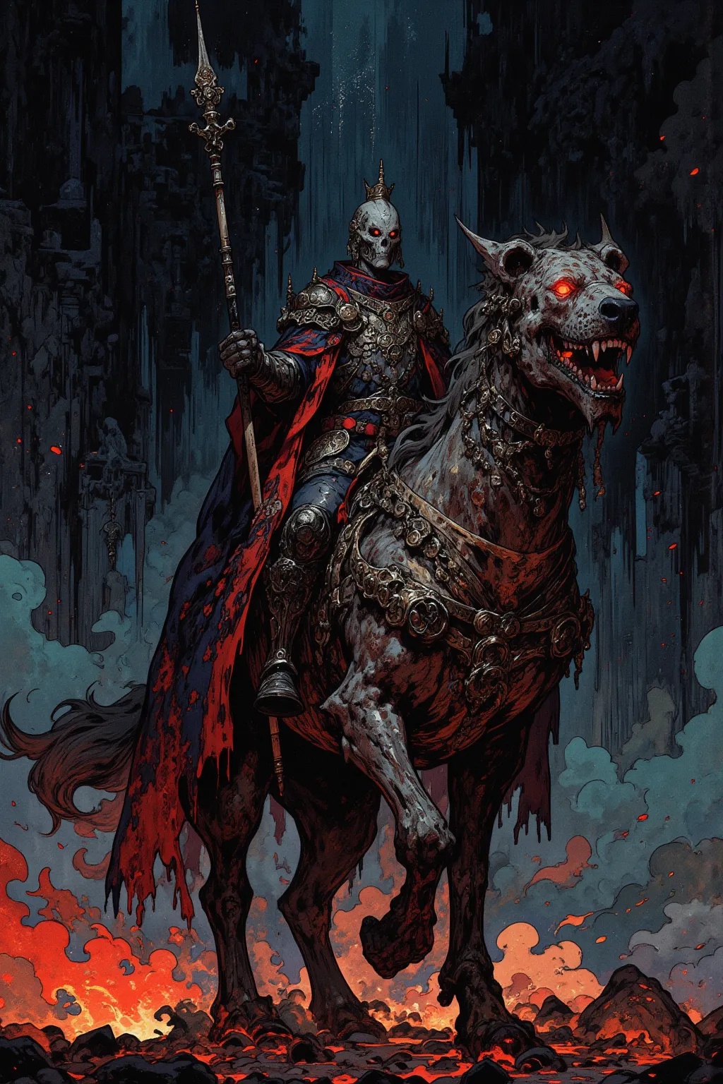 Illustration of a skeleton knight riding a two-headed Cerberus in the middle of the night, Skeleton knight has heavy armor that covers his entire body, Medieval European Style,Weapon is a long spear,Armor has scratches and rust、Add magical glowing patterns...