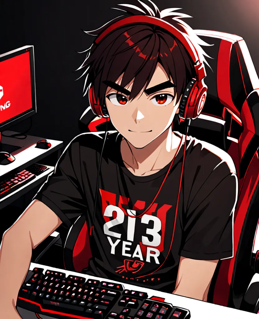 1 guy ,  thick eyebrows ,  light smile , black t-shirt with "year", black and red gaming chair, Backlit keyboard and mouse, looking at the camera, tired look but hides it, black and red headphones, modern hair cut,  dark hair