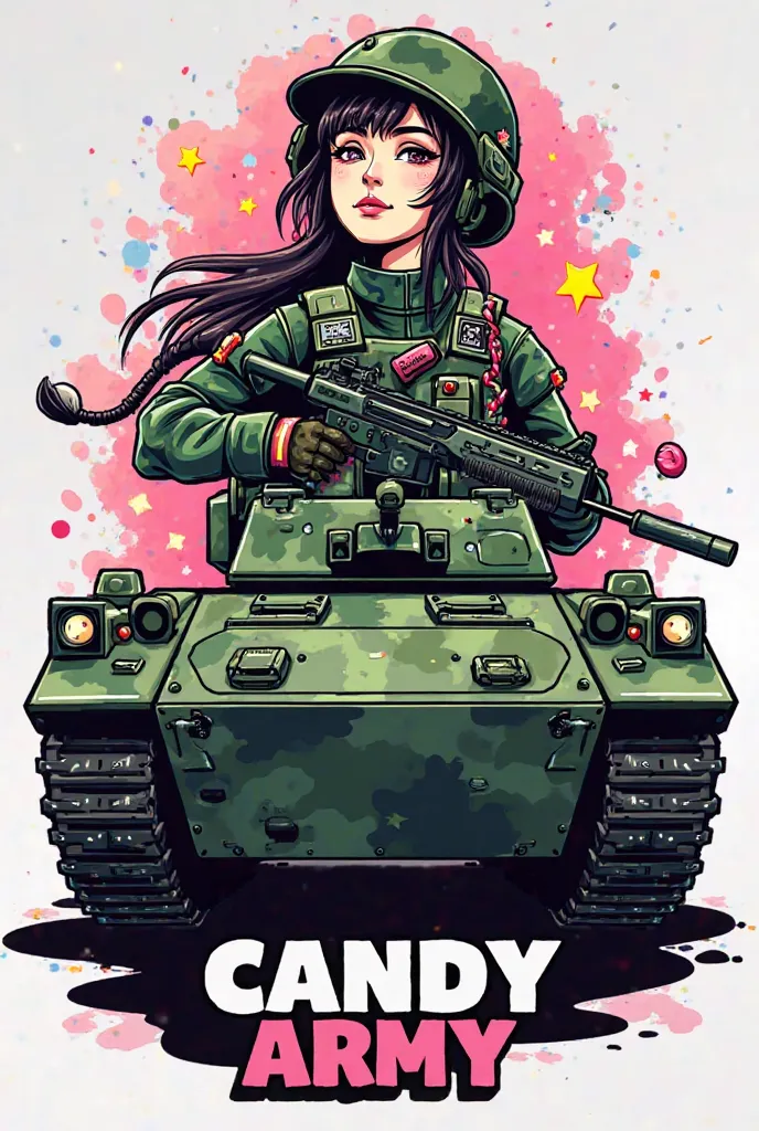 Create a logo. The female soldier is a candy army and aavp-7a1 is a gunslinger, m2 camouflage theme, green, black, pink

