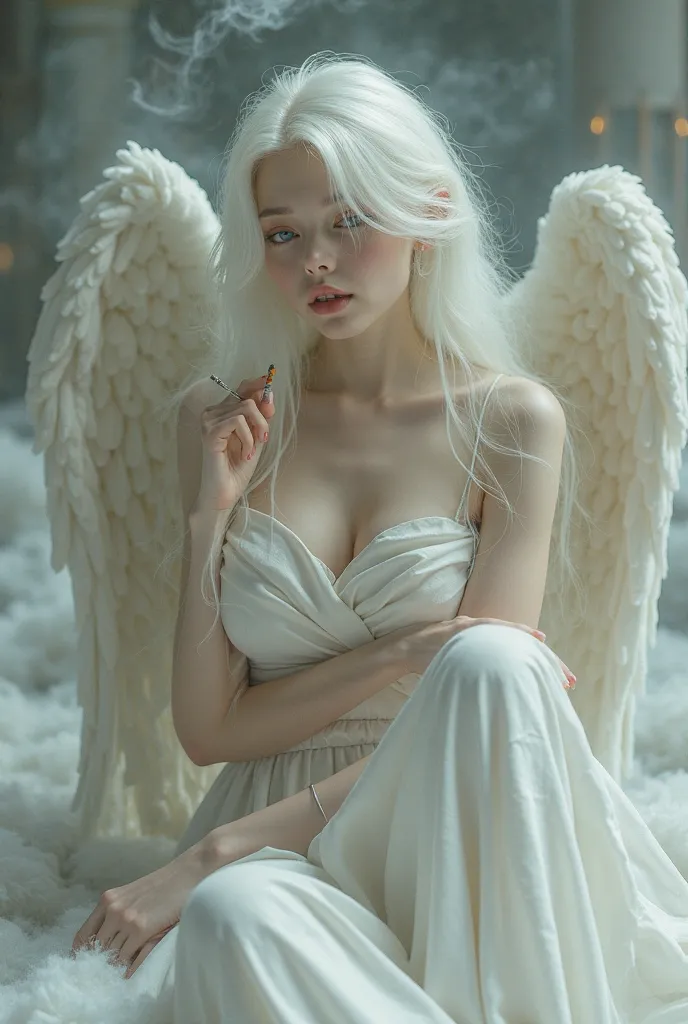 1 girl,Fujifilm、Realistic、long white hair, pale white skin ,big breasts,angel,Angel wings,Halation,white tunic,Languid,sluggish,empty eyes,bored,,sigh,half-closed eyes,sharp eyes,open eyes,air is heavy,sitting,Right knee up,Right elbow on right knee,holds ...